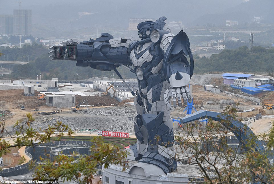 A giant model of a Transformer is on display at the construction site of the virtual-reality theme park in Guiyang city, China