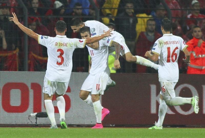 Serbia's Kolarov celebrates his goal against Albania during their Euro 2016 Group I qualifying soccer match in Elbasan