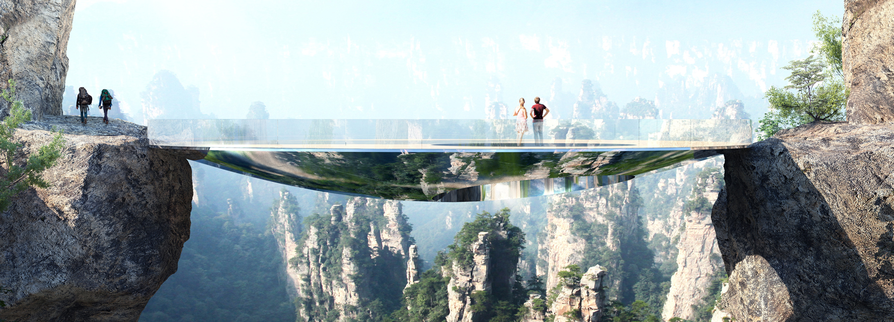 martin duplantier's sky-high mirrored lookouts connect sandstone pillars in china