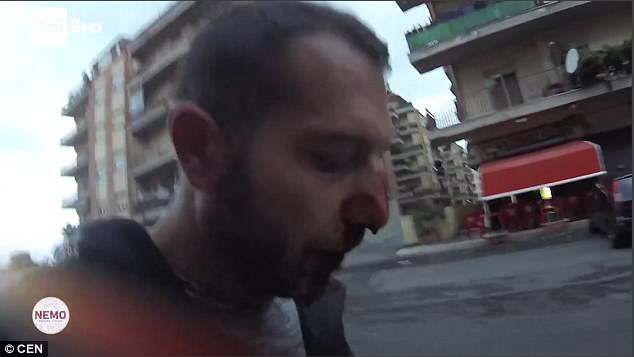 Daniele Piervincenzi, pictured, who works for the Rai national television broadcaster, was asking the brother of a famous mafia boss about his political allegiances when he was set upon on camera in Ostia